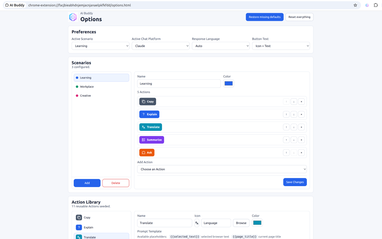 AI Buddy options page with scenario and action library configuration
