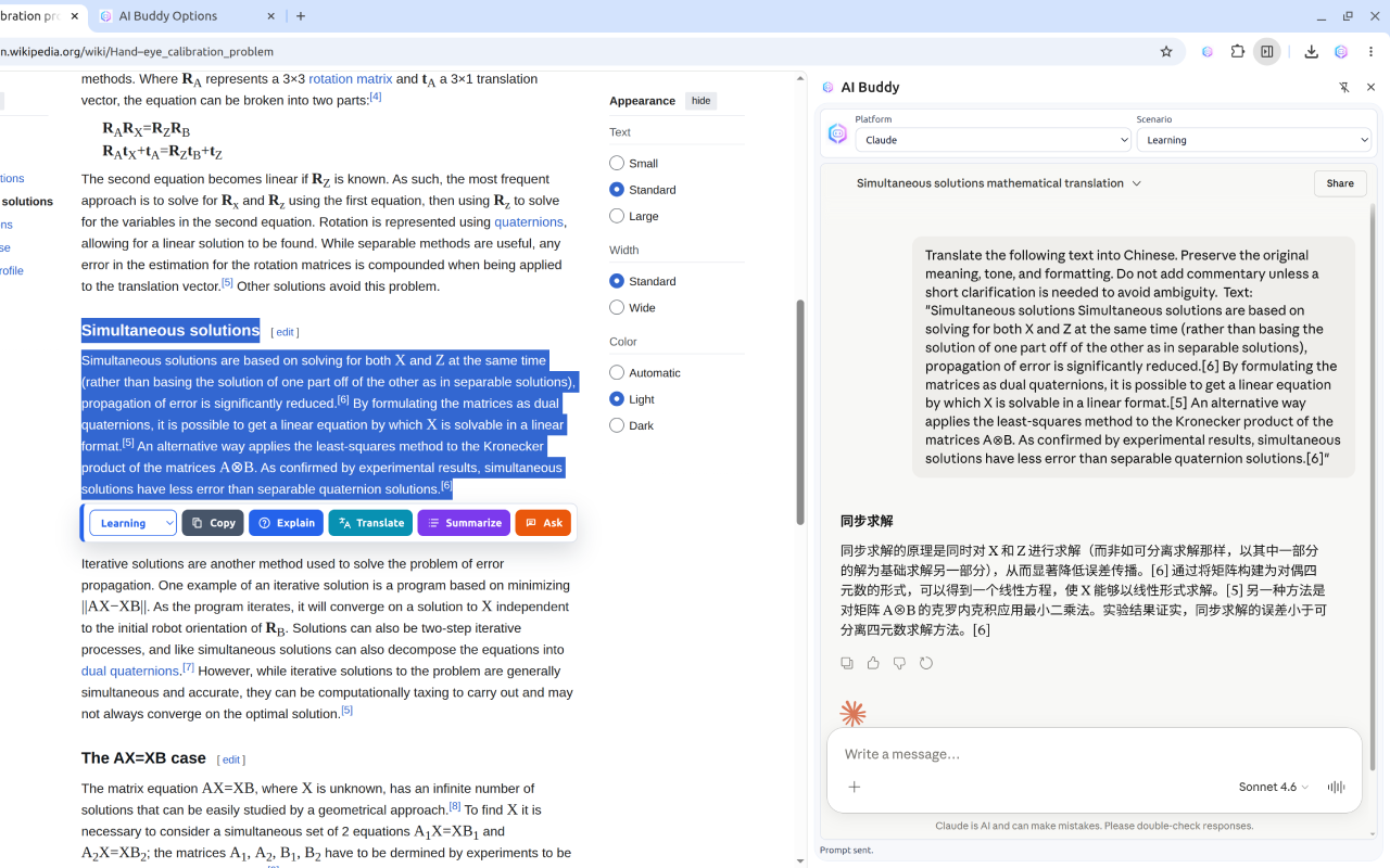 AI Buddy side panel showing translated output next to a source webpage